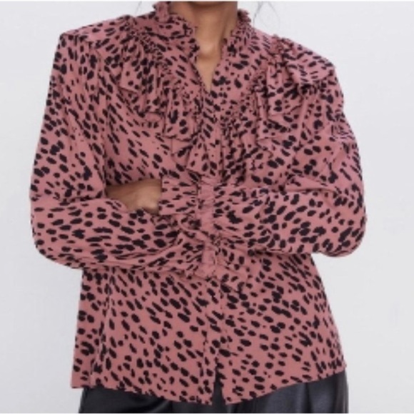 Zara Ruffled Animal Print Blouse - Picture 1 of 5